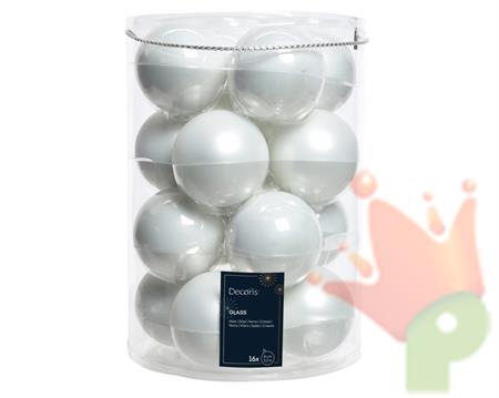 PALLINE DI NATALE IN VETRO BIANCO LUCIDE/OPACHE 8CM 16PZ