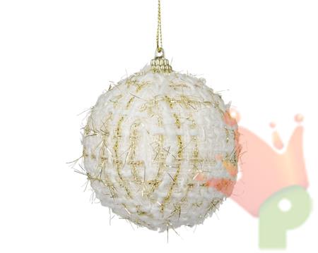 PALLINA DI NATALE DECORO TESSILE BIANCO LANA E ORO 8CM