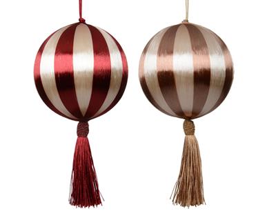 PALLINA DI NATALE IN SETA A RIGHE CON NAPPA ROSSO 8CM 2ASS