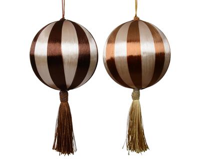 PALLINA DI NATALE IN SETA A RIGHE CON NAPPA MARRONE 10CM 2ASS