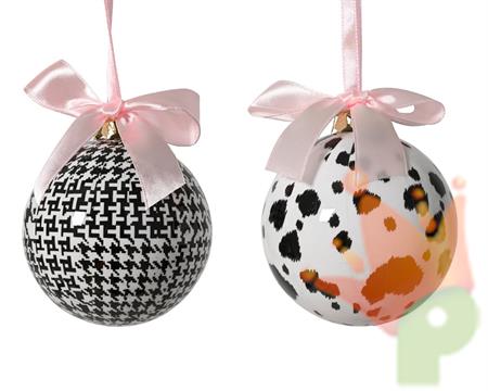 PALLINA DI NATALE CHIC BIANCO E NERO CON FIOCCO ROSA 8CM 2ASS