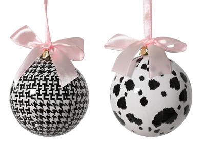 PALLINA DI NATALE CHIC BIANCO E NERO CON FIOCCO ROSA 8CM 2ASS