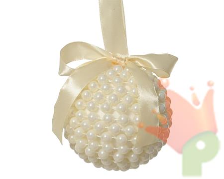 PALLINA DI NATALE CON PERLE E FIOCCO AVORIO 8CM