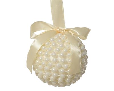 PALLINA DI NATALE CON PERLE E FIOCCO AVORIO 8CM