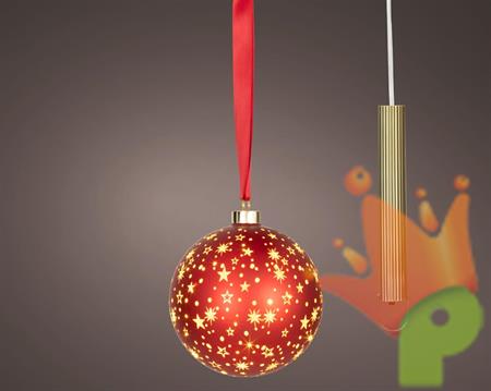 SFERA LUMINOSA IN VETRO ROSSO CON STELLE LED BIANCO CALDO 14CM
