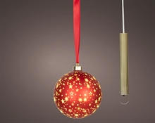 SFERA LUMINOSA IN VETRO ROSSO CON STELLE LED BIANCO CALDO 14CM