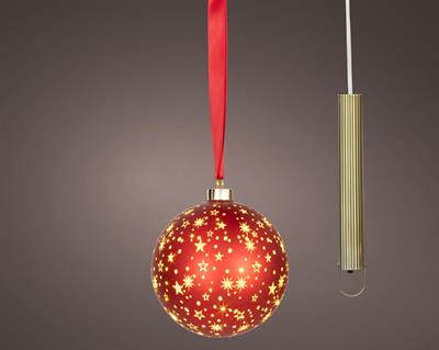 SFERA LUMINOSA IN VETRO ROSSO CON STELLE LED BIANCO CALDO 14CM