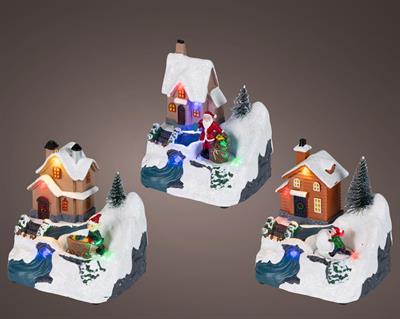 VILLAGGIO NATALIZIO CON PERSONAGGI E LUCI 9,5X11,7X12,2CM 3ASS