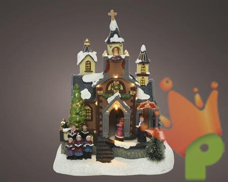 VILLAGGIO NATALIZIO CHIESA CON CORO E LUCI LED 13X18X24CM