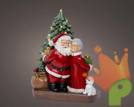 BABBO E MAMMA NATALE CON ALBERO E REGALI LED BIANCO CALDO 24,5CM