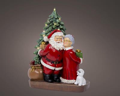 BABBO E MAMMA NATALE CON ALBERO E REGALI LED BIANCO CALDO 24,5CM