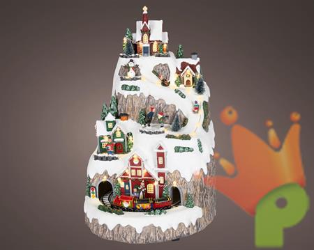 VILLAGGIO DI NATALE MONTAGNA CON TRENINO IN MOVIMENTO 26X41CM