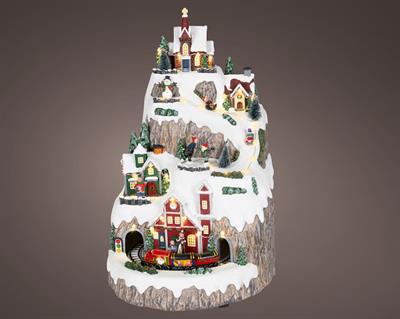 VILLAGGIO DI NATALE MONTAGNA CON TRENINO IN MOVIMENTO 26X41CM