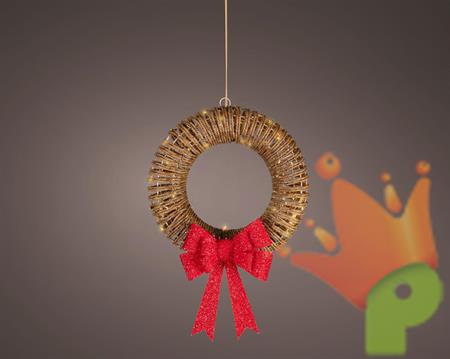 GHIRLANDA FUORIPORTA IN VIMINI FIOCCO ROSSO LED ORO CHIARO 38CM