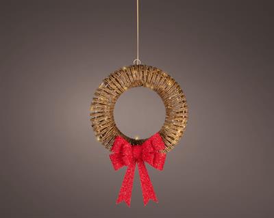 GHIRLANDA FUORIPORTA IN VIMINI FIOCCO ROSSO LED ORO CHIARO 38CM