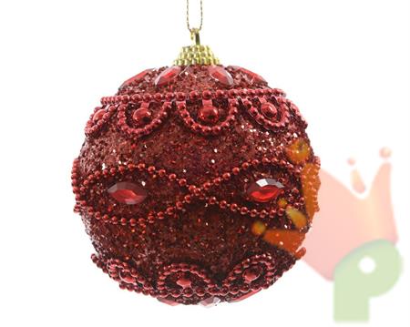 PALLINA NATALIZIA 8CM ROSSO DECORATA CON PERLE E STRASS