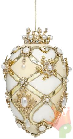 PENDENTE IN VETRO UOVO BIANCO CON DECORAZIONI ORO 18CM