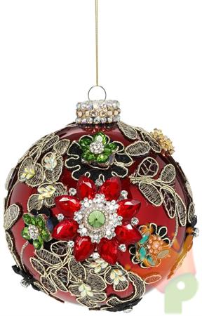 PALLINA DI NATALE IN VETRO ROSSO CON FOGLIE E FIORI 13CM