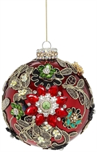 PALLINA DI NATALE IN VETRO ROSSO CON FOGLIE E FIORI 13CM
