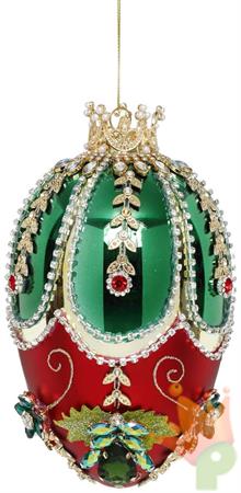 PENDENTE IN VETRO UOVO CON PERLINE E STRASS VERDE/ROSSO 18CM