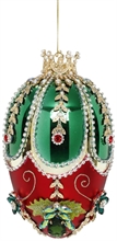 PENDENTE IN VETRO UOVO CON PERLINE E STRASS VERDE/ROSSO 18CM