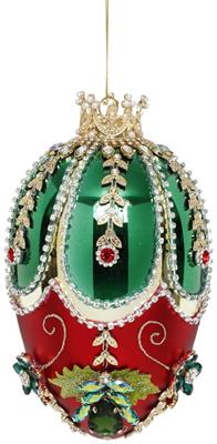 PENDENTE IN VETRO UOVO CON PERLINE E STRASS VERDE/ROSSO 18CM