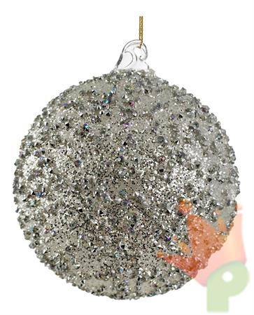 PALLINA DI NATALE IN VETRO CON STRASS E GLITTER ARGENTO 10CM