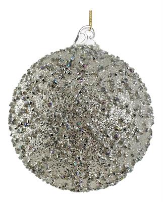 PALLINA DI NATALE IN VETRO CON STRASS E GLITTER ARGENTO 10CM
