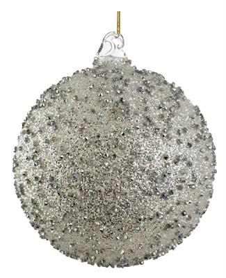 PALLINA DI NATALE IN VETRO CON STRASS E GLITTER ARGENTO 12CM