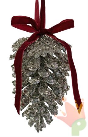 PENDENTE PIGNA GLITTERATA ARGENTO CON FIOCCO BORDEAUX 12CM