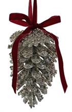 PENDENTE PIGNA GLITTERATA ARGENTO CON FIOCCO BORDEAUX 12CM