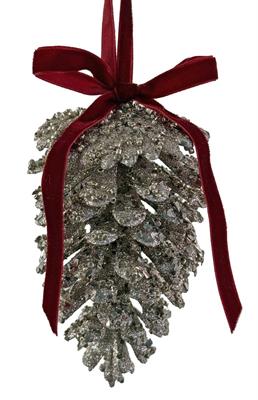 PENDENTE PIGNA GLITTERATA ARGENTO CON FIOCCO BORDEAUX 12CM