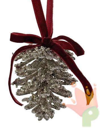 PENDENTE PIGNA GLITTERATA ARGENTO CON FIOCCO BORDEAUX 7CM