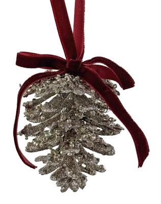 PENDENTE PIGNA GLITTERATA ARGENTO CON FIOCCO BORDEAUX 7CM