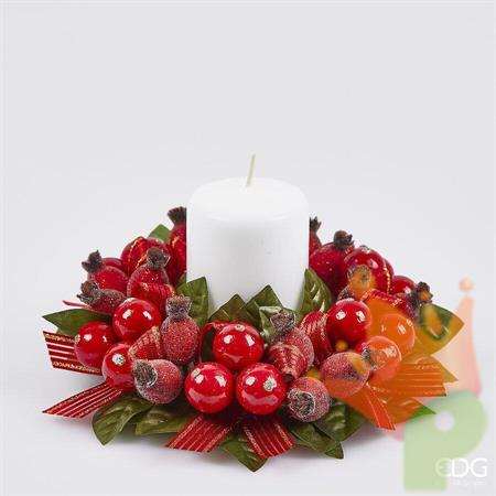 CORONA PORTACANDELA CON FOGLIE E BACCHE ROSSO 20CM