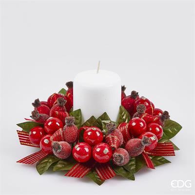 CORONA PORTACANDELA CON FOGLIE E BACCHE ROSSO 20CM
