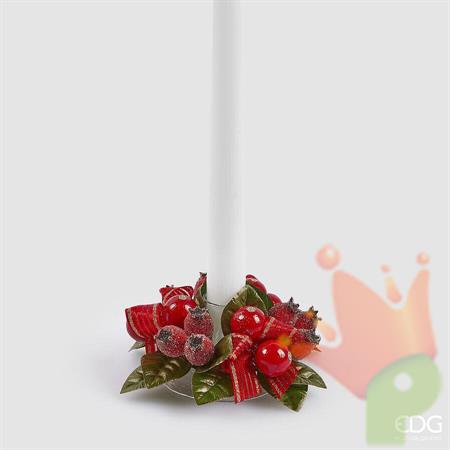 CORONA PORTACANDELA CON FOGLIE E BACCHE ROSSO 10CM