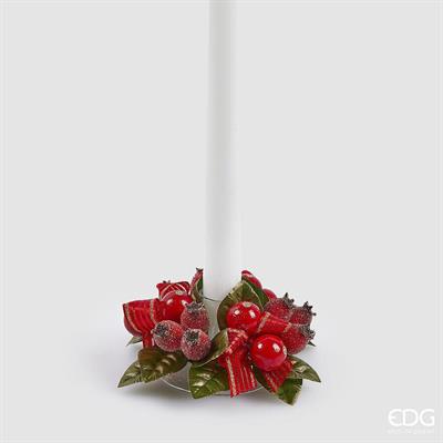 CORONA PORTACANDELA CON FOGLIE E BACCHE ROSSO 10CM