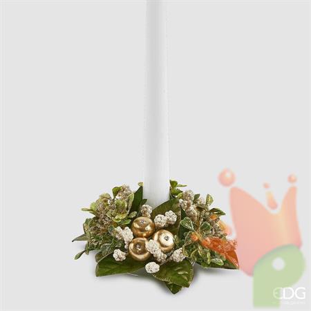 CORONA PORTACANDELA CON FOGLIE E MELE ORO 10CM