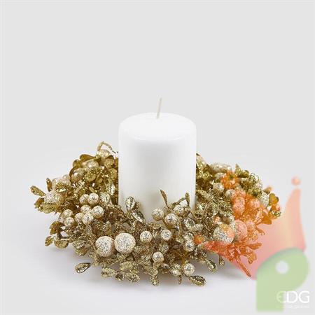CORONA PORTACANDELA CON FOGLIE E BACCHE CHAMPAGNE GLITTER 18CM