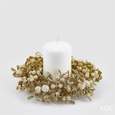 CORONA PORTACANDELA CON FOGLIE E BACCHE CHAMPAGNE GLITTER 18CM