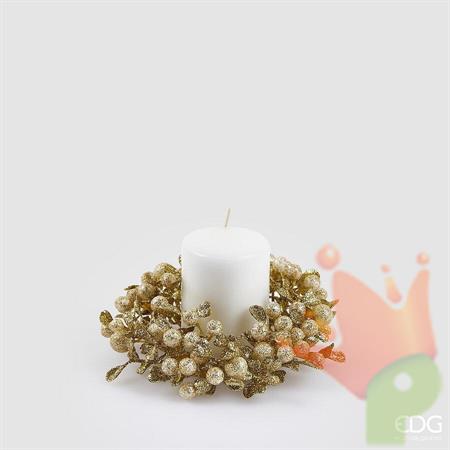 CORONA PORTACANDELA CON FOGLIE E BACCHE CHAMPAGNE GLITTER 12CM