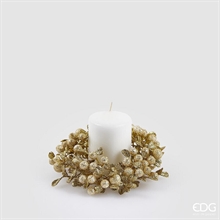 CORONA PORTACANDELA CON FOGLIE E BACCHE CHAMPAGNE GLITTER 12CM