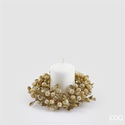 CORONA PORTACANDELA CON FOGLIE E BACCHE CHAMPAGNE GLITTER 12CM