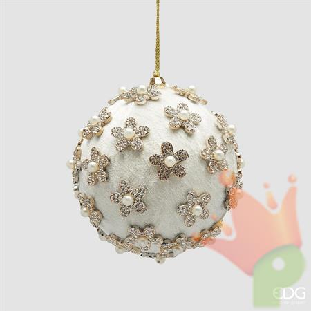 PALLINA DI NATALE CON FIORELLINI BIANCO/ARGENTO 10CM