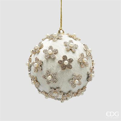 PALLINA DI NATALE CON FIORELLINI BIANCO/ARGENTO 10CM