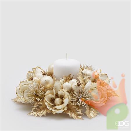 CORONA PORTACANDELA CON MAGNOLIE E MELOGRANI ORO 20CM