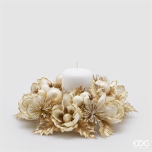 CORONA PORTACANDELA CON MAGNOLIE E MELOGRANI ORO 20CM