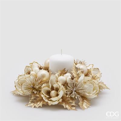 CORONA PORTACANDELA CON MAGNOLIE E MELOGRANI ORO 20CM