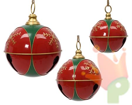 CAMPANELLA IN FERRO ROSSO/VERDE CON FIOCCO DI NEVE ORO 20CM